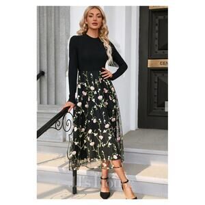 JJs House Embroidered Floral Long Sleeve Midi Tulle Dress Womens Size Medium New